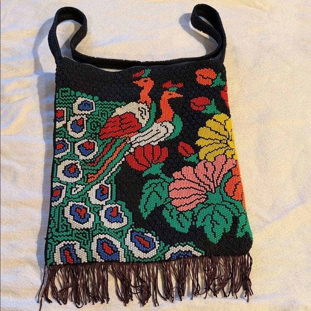 Vintage Lined Zippered Colorful Beaded Shoulder Bag with Fringe